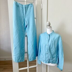A Line Women Linen Rayon Pant Suit Light Blue 16P Jacket 16 Wide Leg Pant READ
